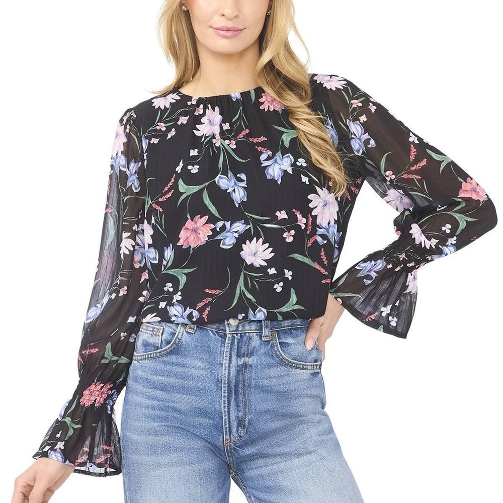 CeCe Women's Smocked Cuff Crewneck Blouse Black Size L 3861